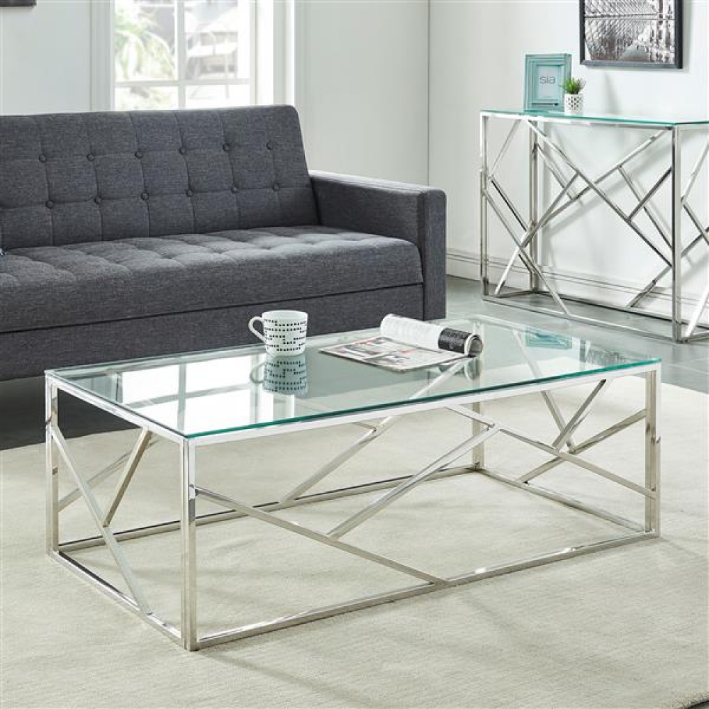 JOFFERY - Glass Top Coffee Table With Silver Stainless Steel Frame