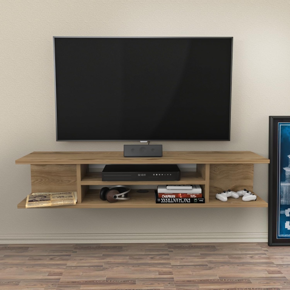 CABERY - Medium Brown Open shelf Floating TV Console