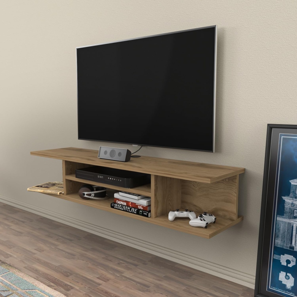 CABERY - Medium Brown Open shelf Floating TV Console - Image 2