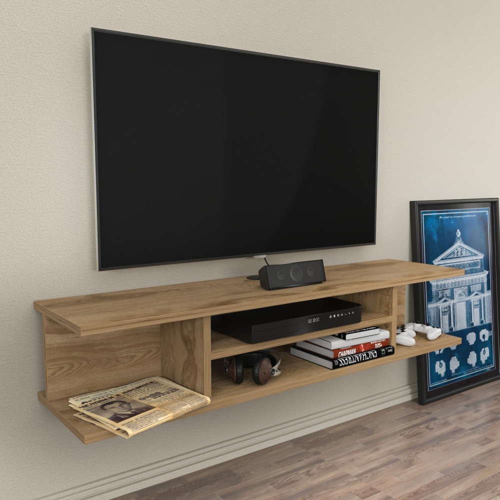 CABERY - Medium Brown Open shelf Floating TV Console - Image 3
