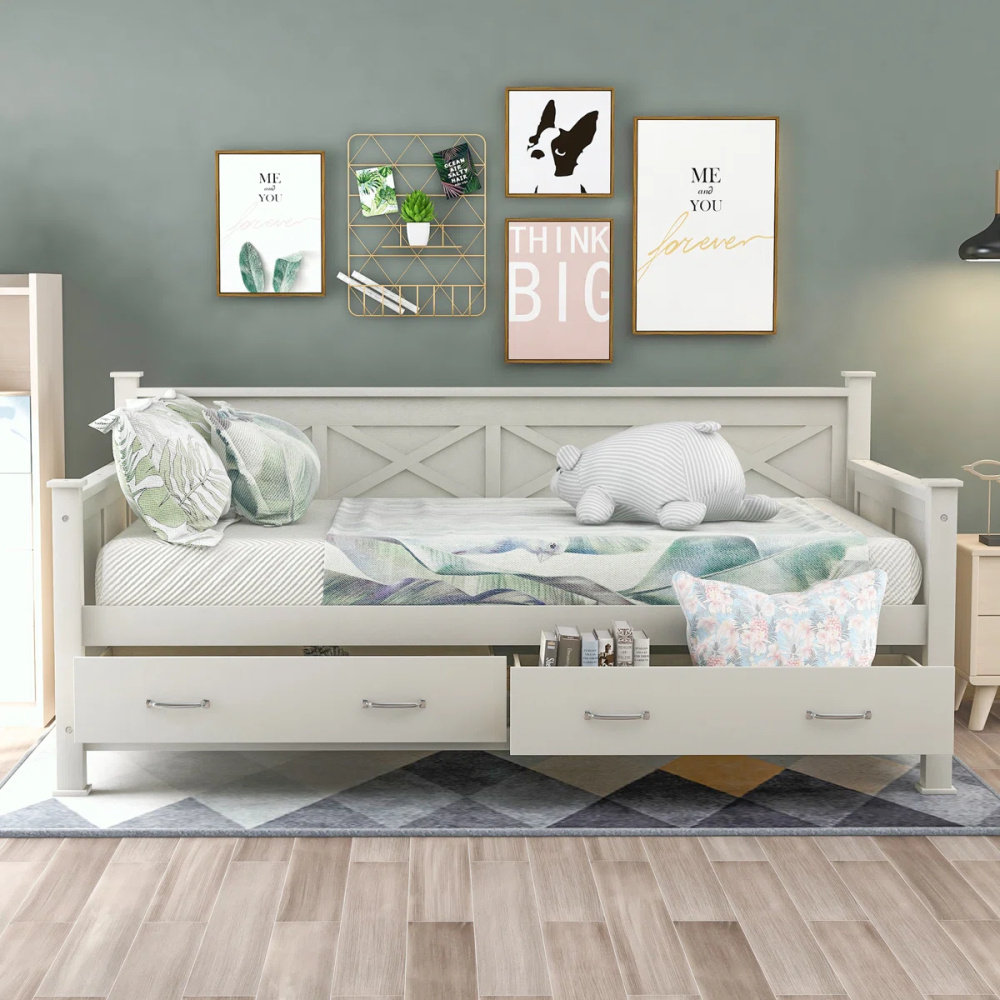 LENZKA - Farmhouse Style Daybed With Drawers