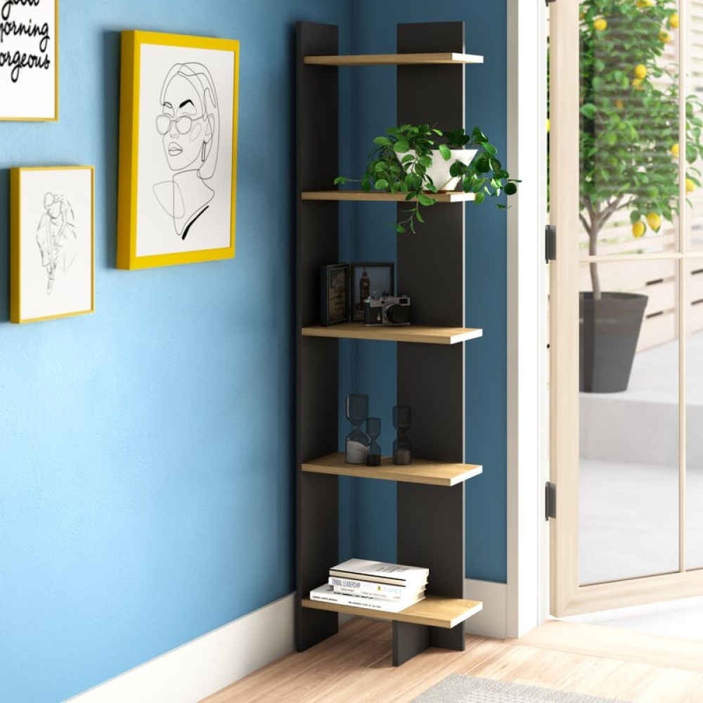 LARAM - Black & Oak Corner Bookshelf