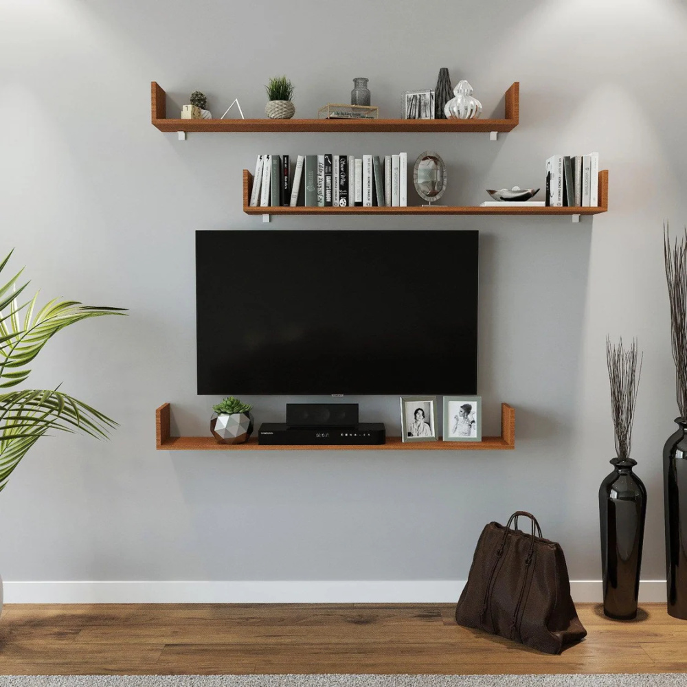BELGIUM - Set of Three Brown Floating TV Shelves - Image 2