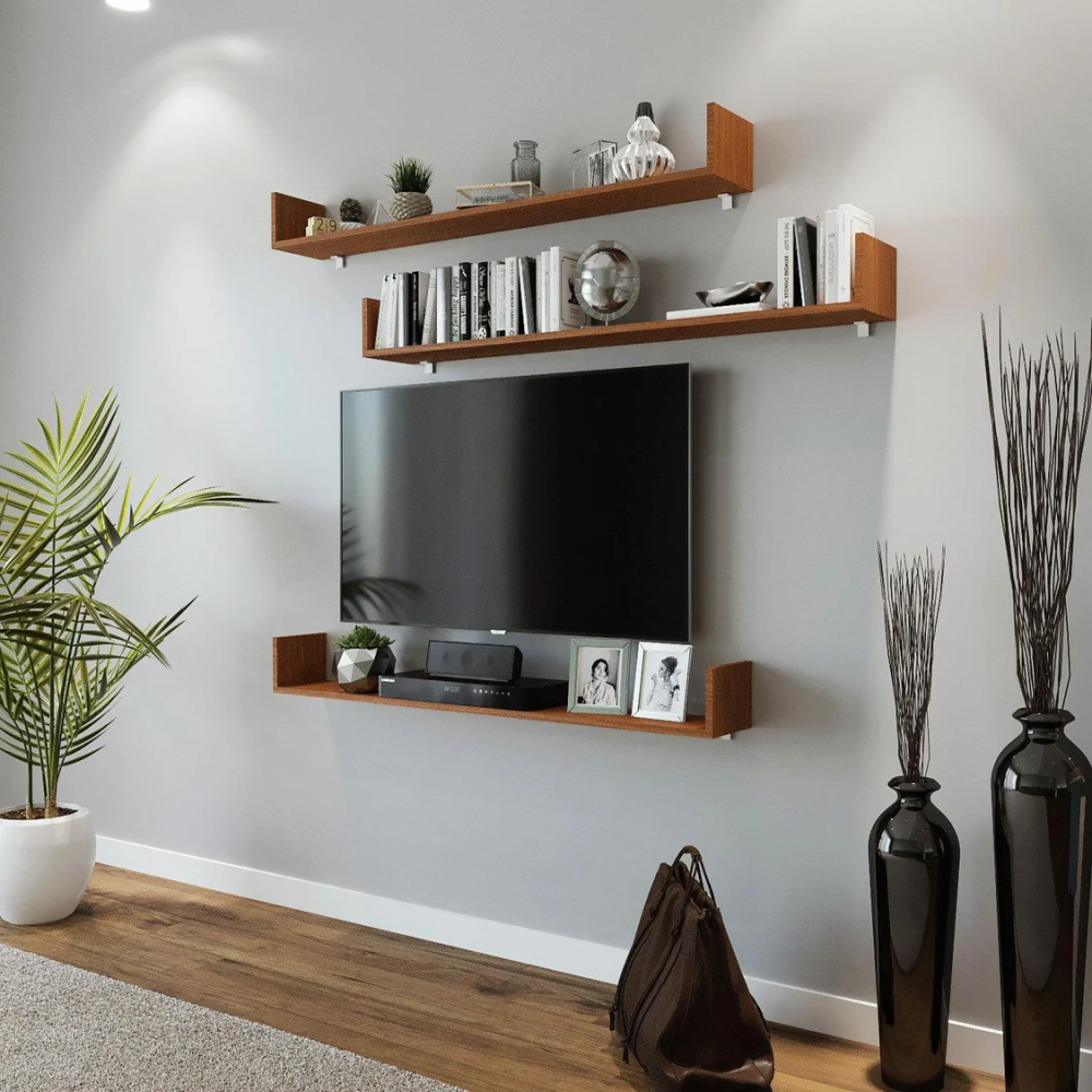 BELGIUM - Set of Three Brown Floating TV Shelves