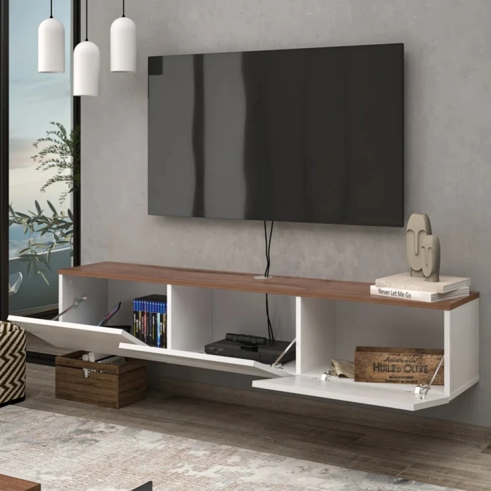 PLISK - Brown and White Three Compartment Floating TV  Console - Image 2