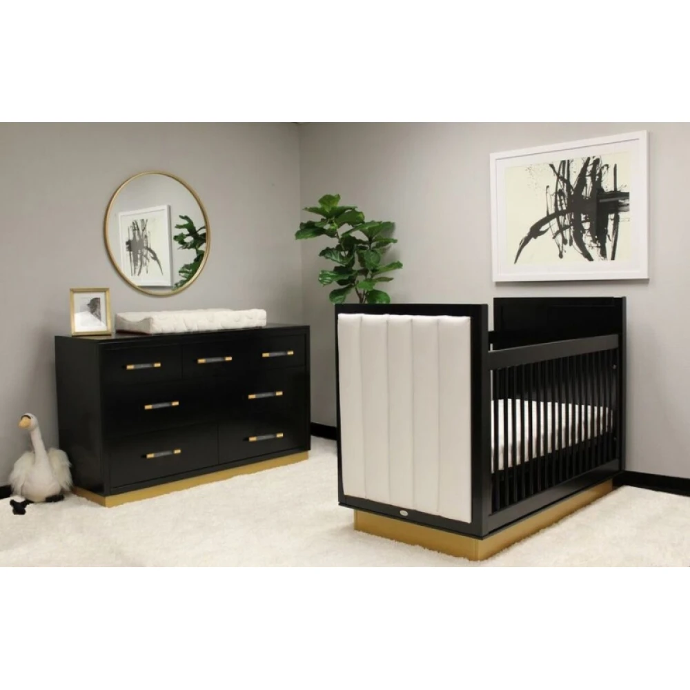 BRADLEY - Black Baby Crib with Velvet Fabric Upholstery Side Panels - Image 2
