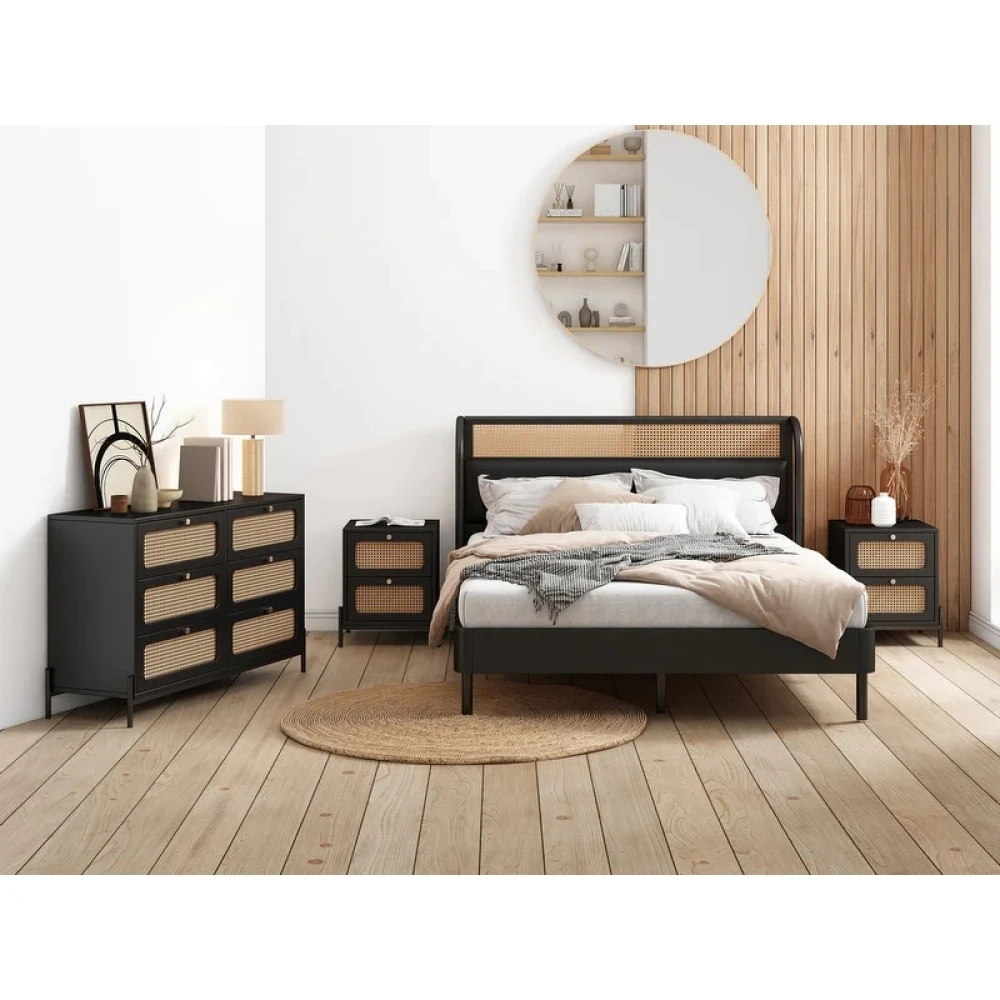 KIP - Black Cane Paneled Four piece Bedroom Set