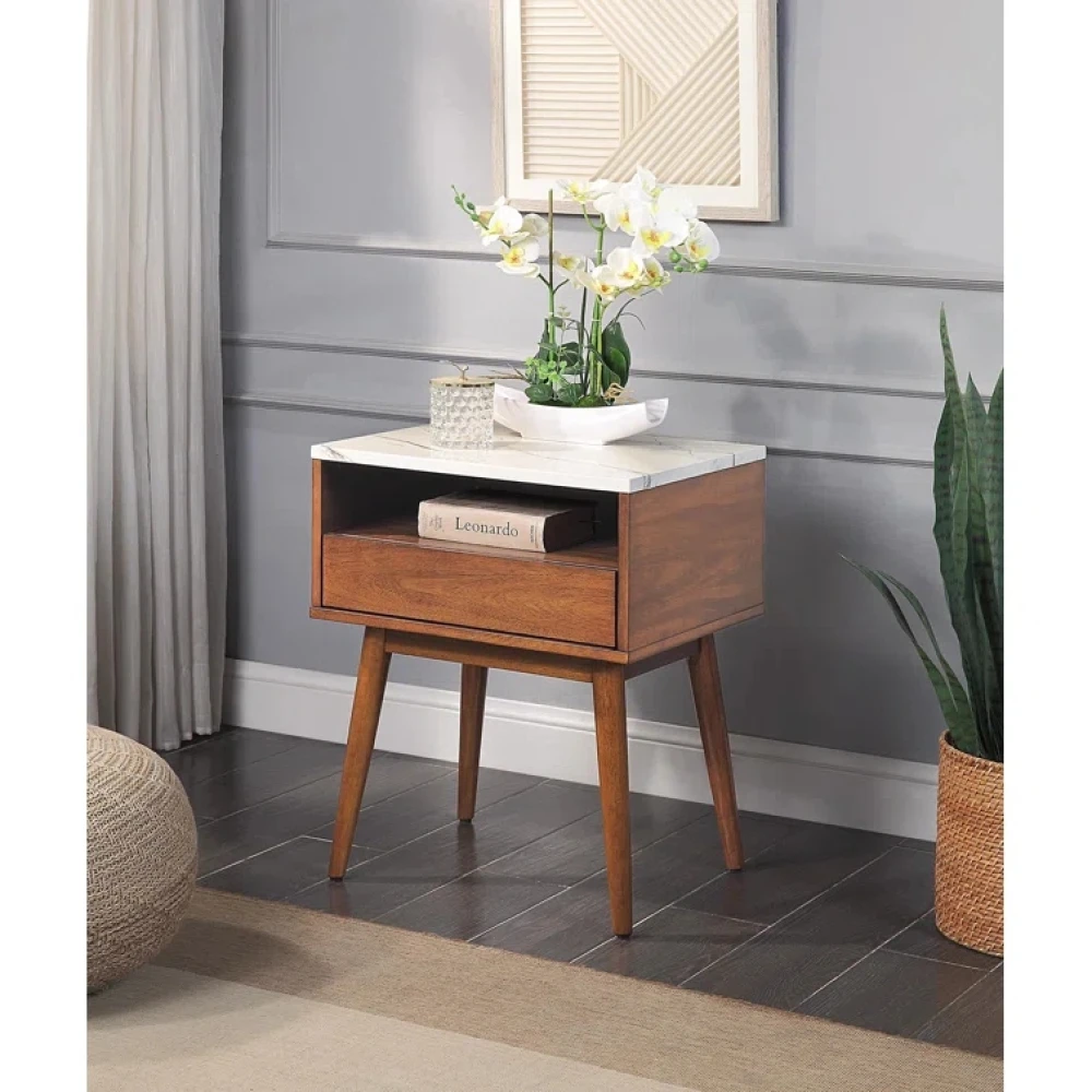 FASAL - Walnut brown Polish Finish  Night Stand with Textured Marble Top