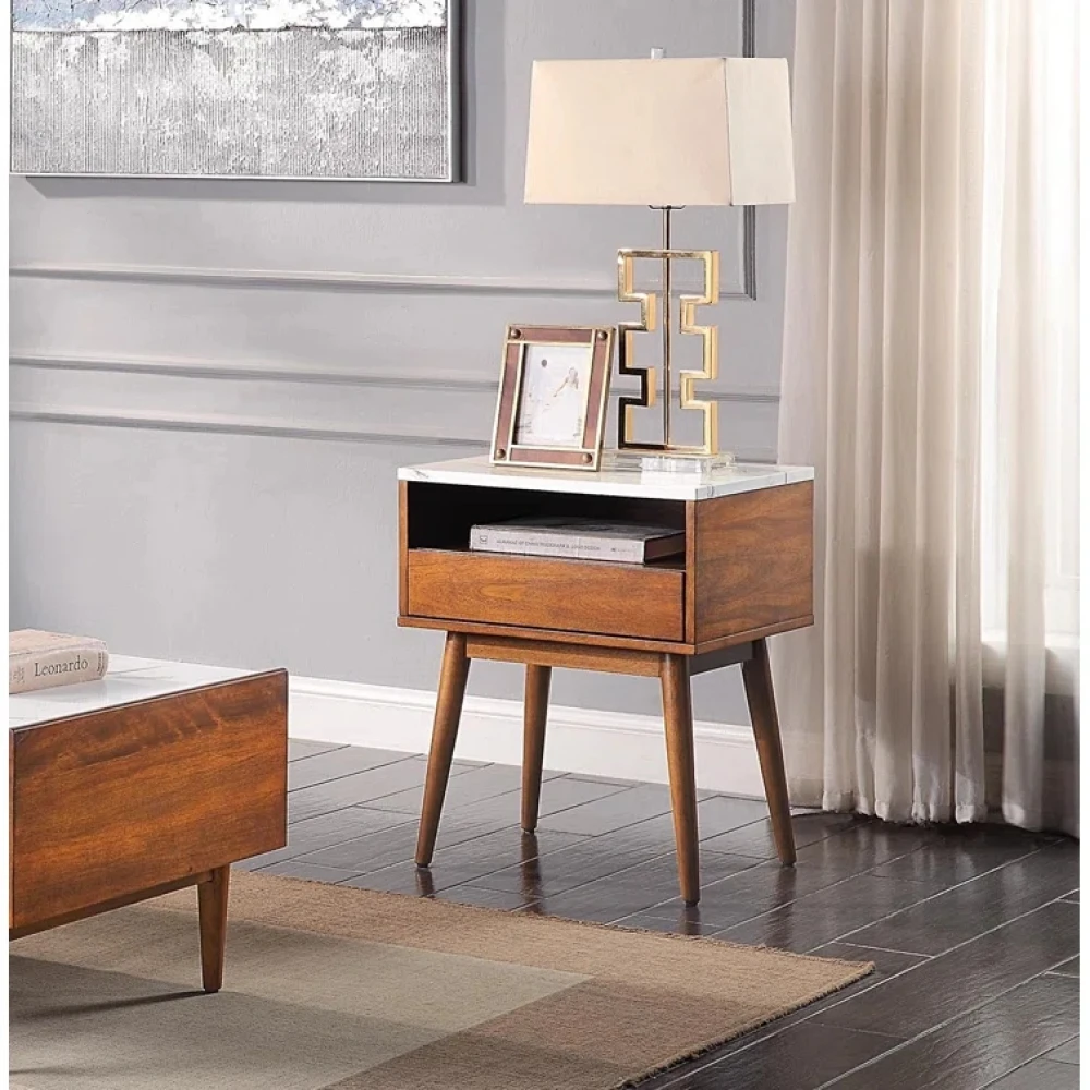 FASAL - Walnut brown Polish Finish  Night Stand with Textured Marble Top - Image 3