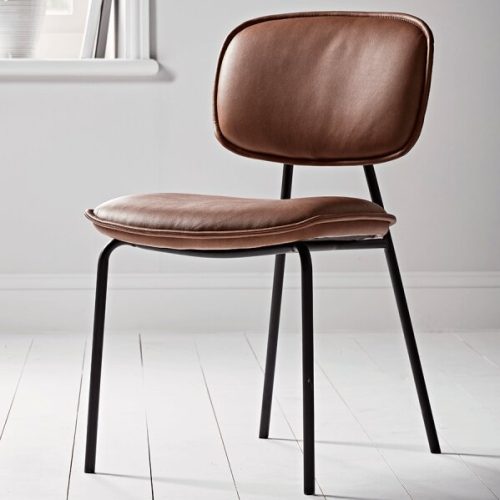 SADDEL - Brown Faux Leather Vanity Chair with Black Metallic Frame