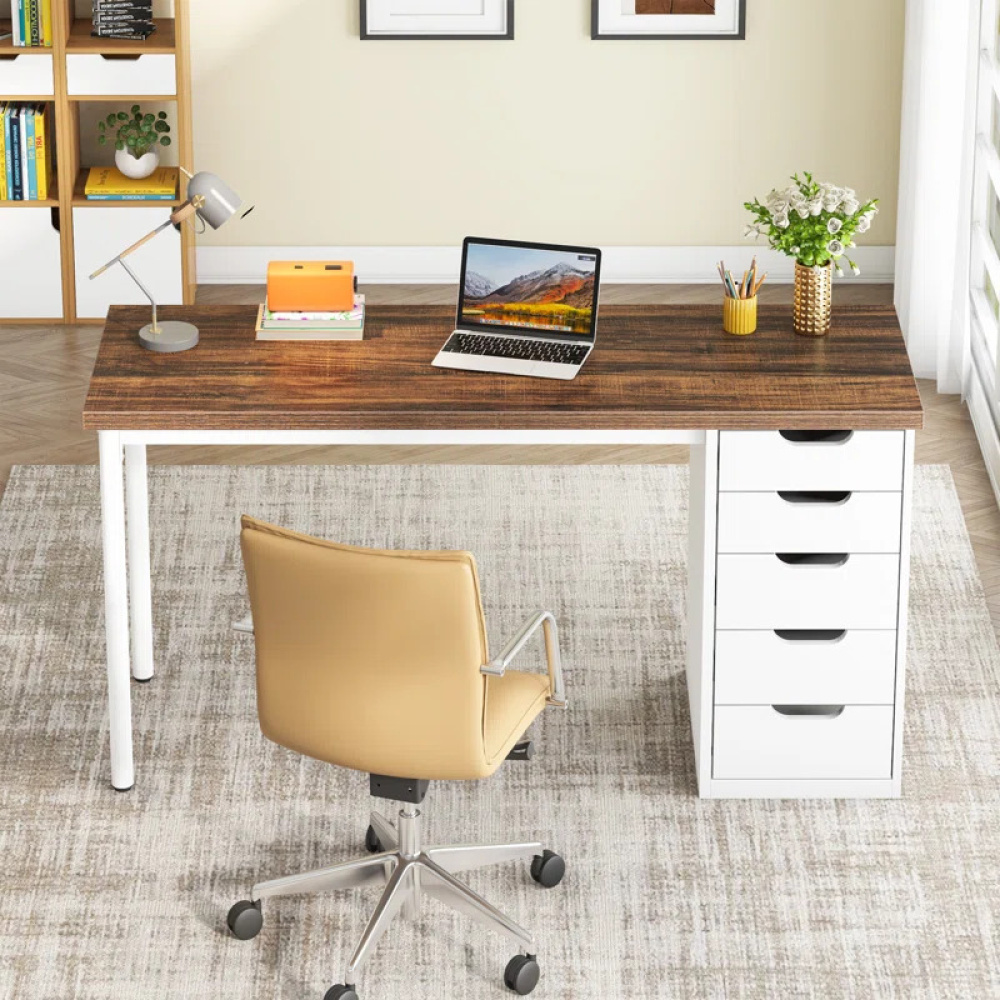 AEX - White and Brown Work Desk with Metallic Legs