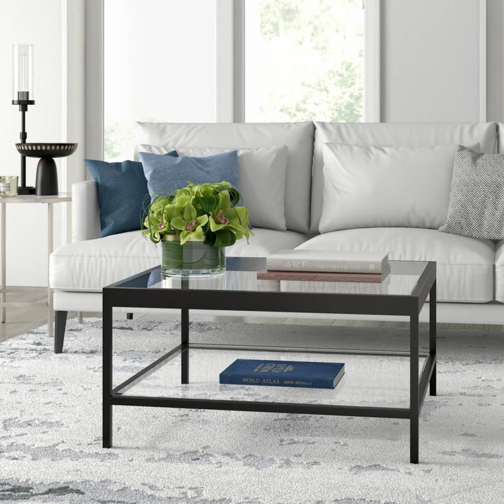 STERLING - Black Metallic Contemporary Coffee Table with Glass Shelves