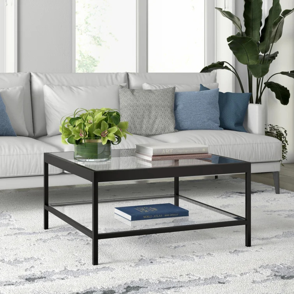 STERLING - Black Metallic Contemporary Coffee Table with Glass Shelves - Image 5