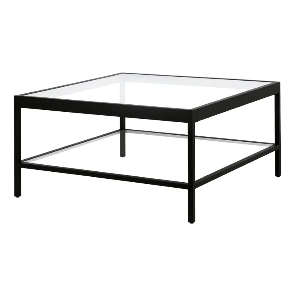 STERLING - Black Metallic Contemporary Coffee Table with Glass Shelves - Image 3