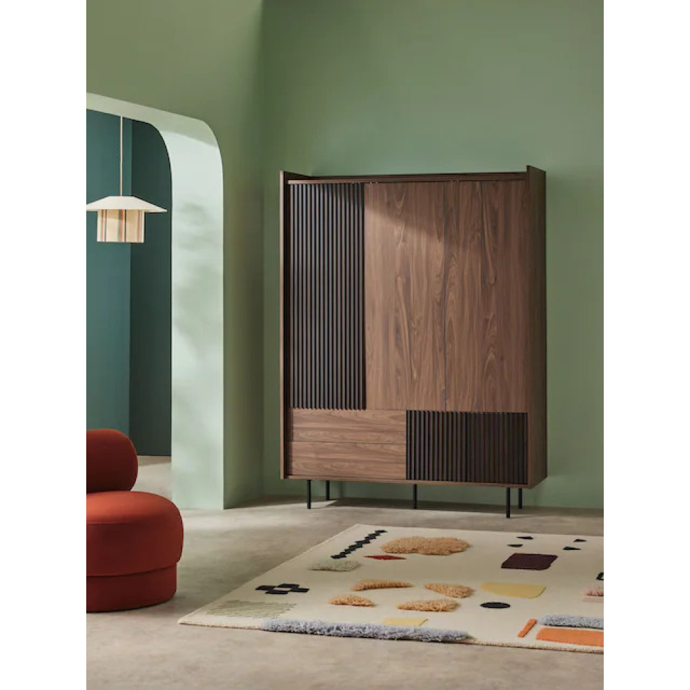 NOIRRA - Walnut Brown & Black Fluted Panel Design Wardrobe