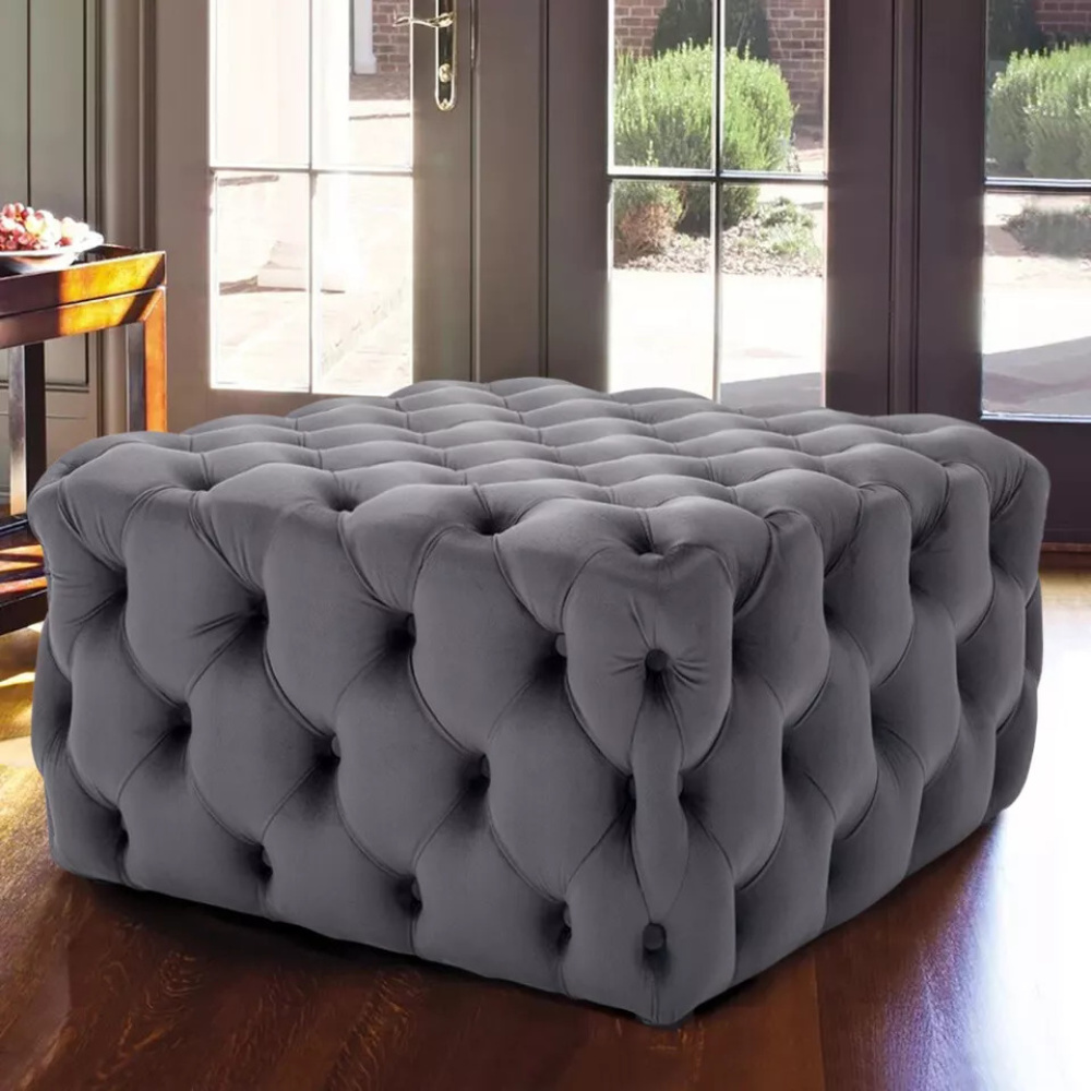 MARAIS - Dark Grey Square Button Tufted Ottoman Stool