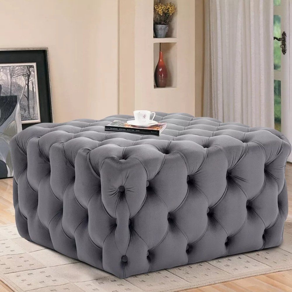 MARAIS - Dark Grey Square Button Tufted Ottoman Stool - Image 2