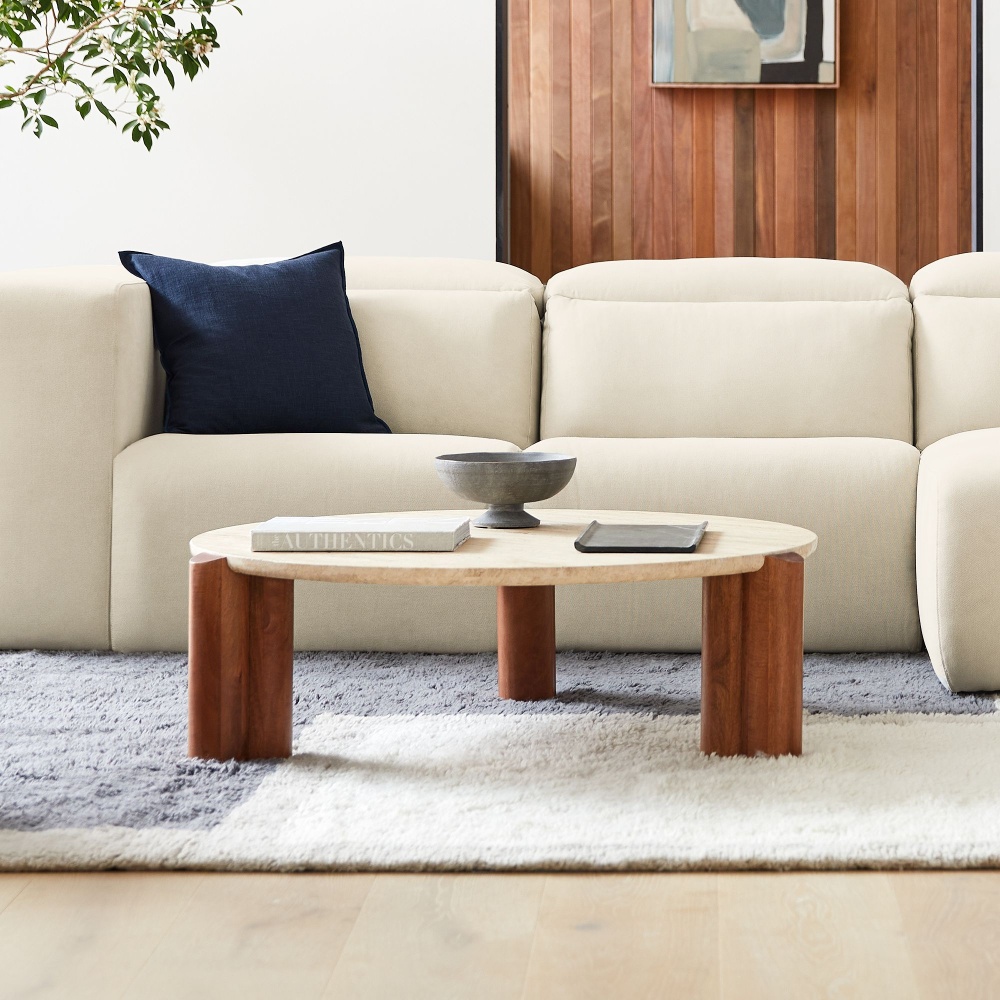 SUNG - Mid Century Round Travertine Coffee Table