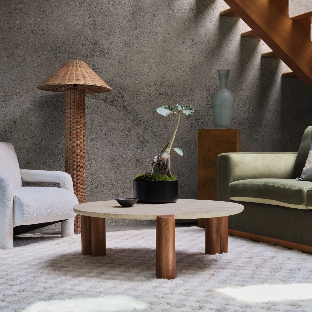 SUNG - Mid Century Round Travertine Coffee Table - Image 2