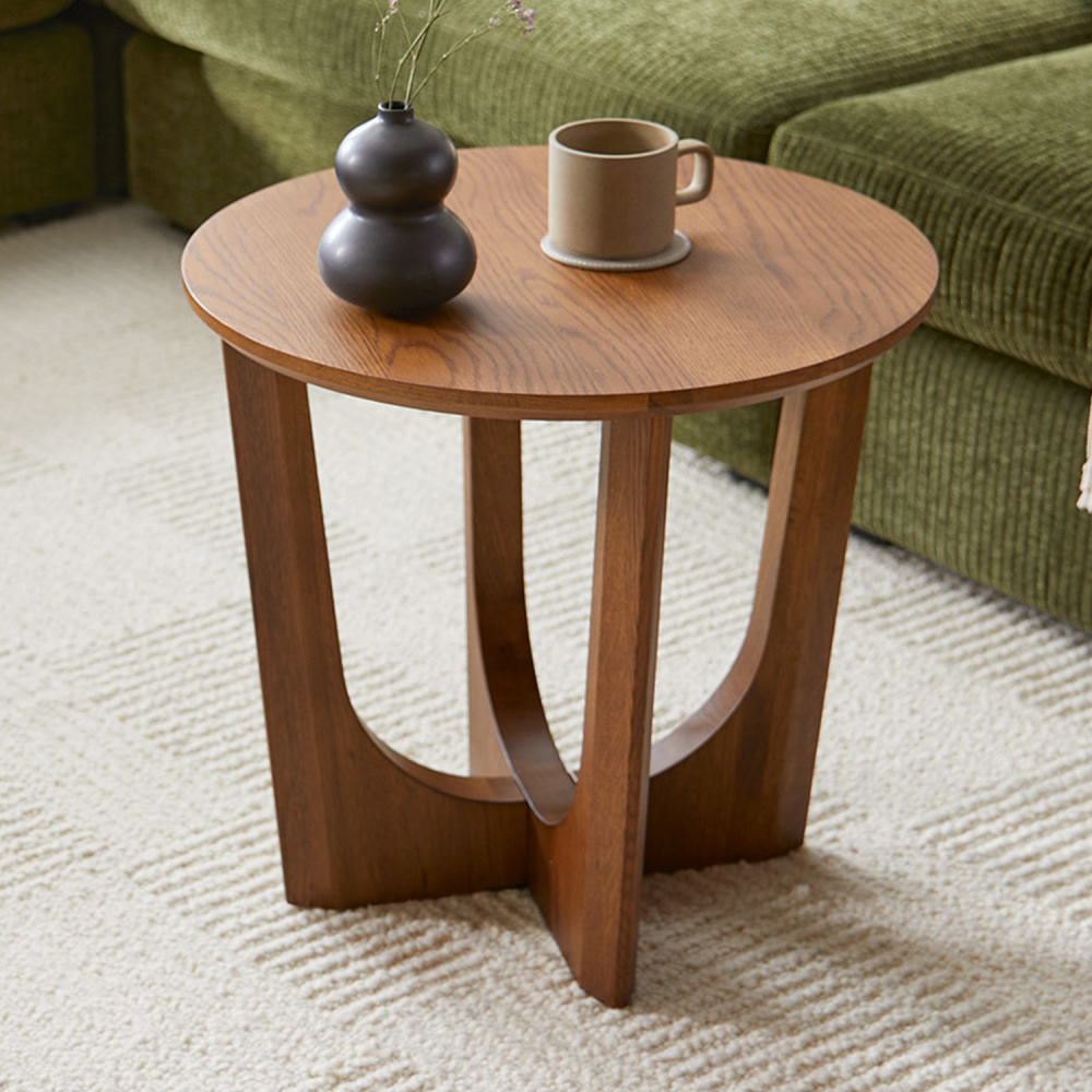 CADEN - Round Dark Oak Brown End Table with Sculptural Base