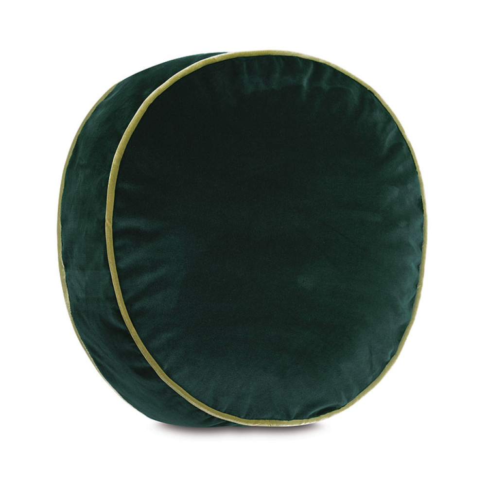 Disc Velvet Cushion in Emerald Green with Mint Green Piping