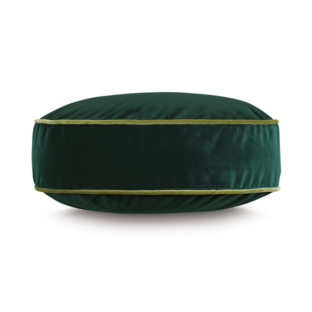 Disc Velvet Cushion in Emerald Green with Mint Green Piping - Image 3