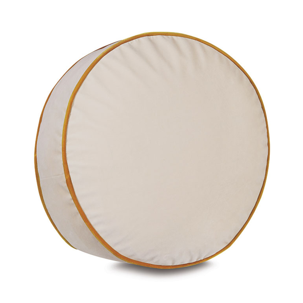 Disc Velvet Cushion in Ivory with Mustard Yellow Piping