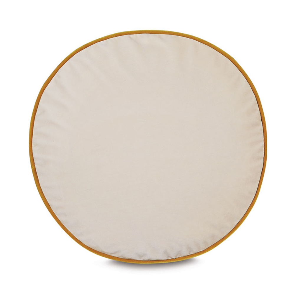 Disc Velvet Cushion in Ivory with Mustard Yellow Piping - Image 2