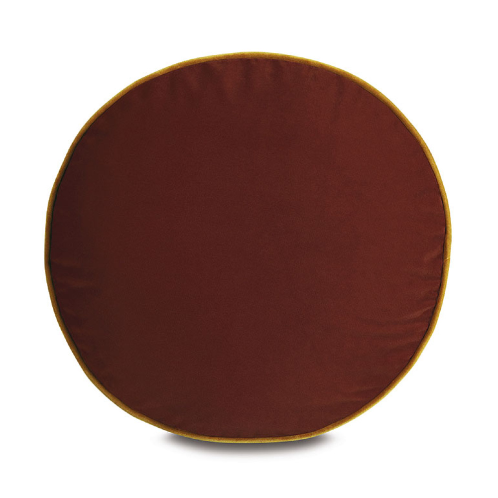 Disc Velvet Cushion in Cocoa Brown with Mustard Yellow Piping - Image 2
