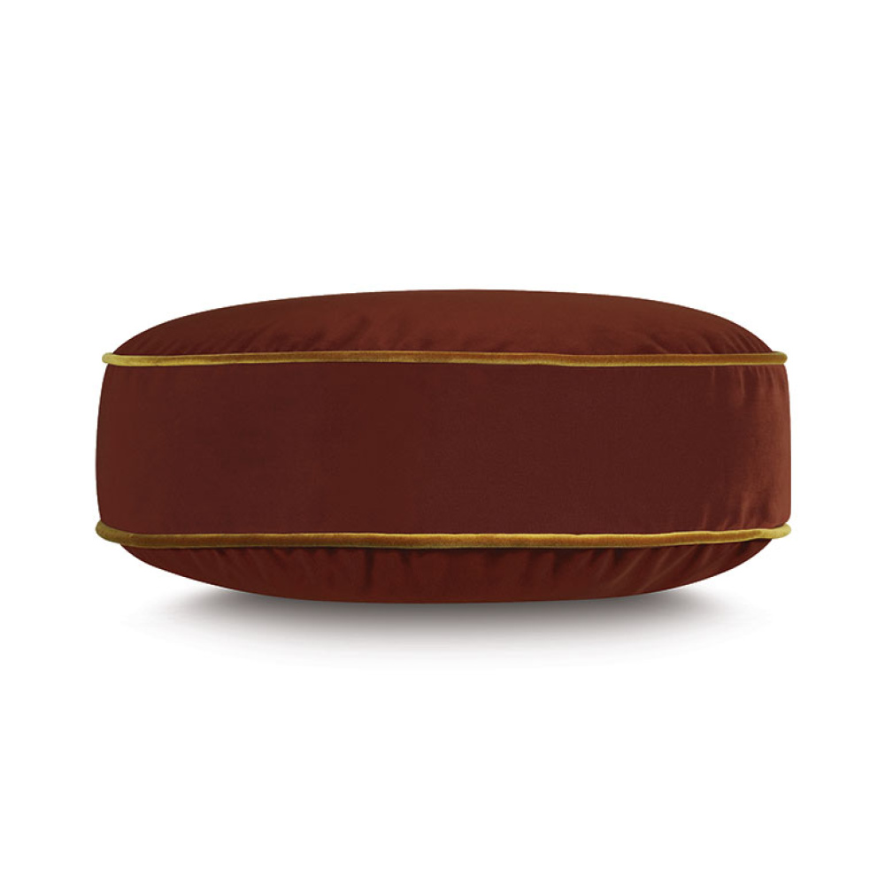 Disc Velvet Cushion in Cocoa Brown with Mustard Yellow Piping - Image 3