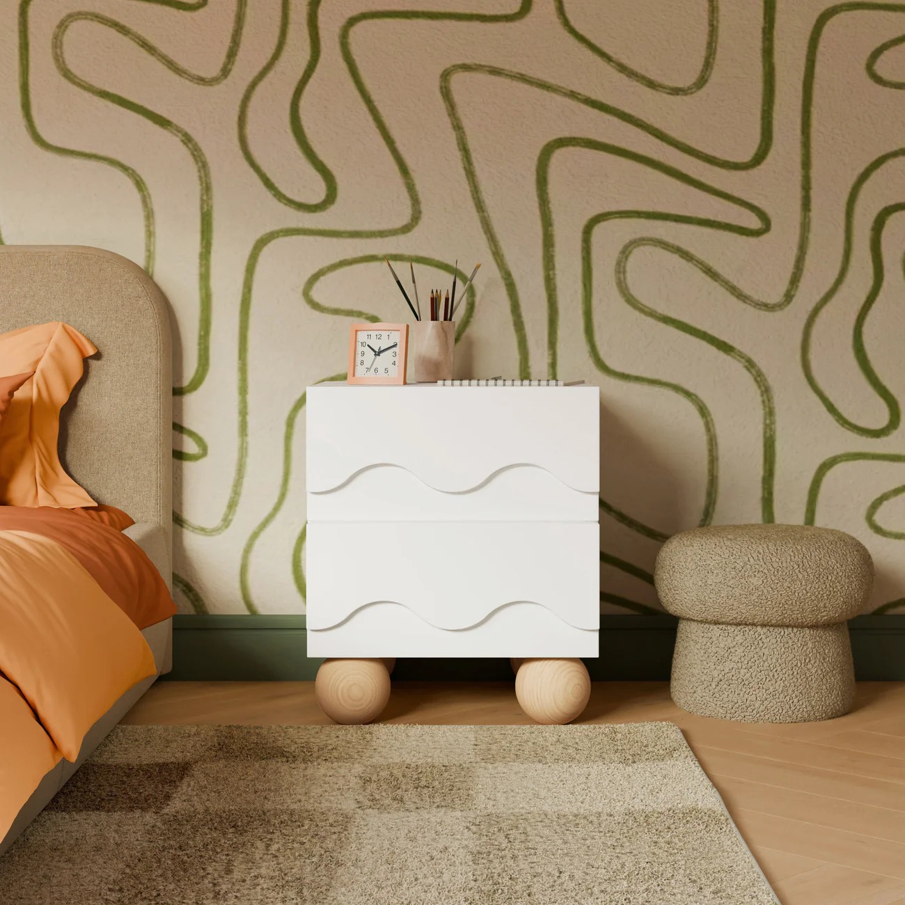 SANDY – White Wave Kids’ Nightstand With Oak Round Feet