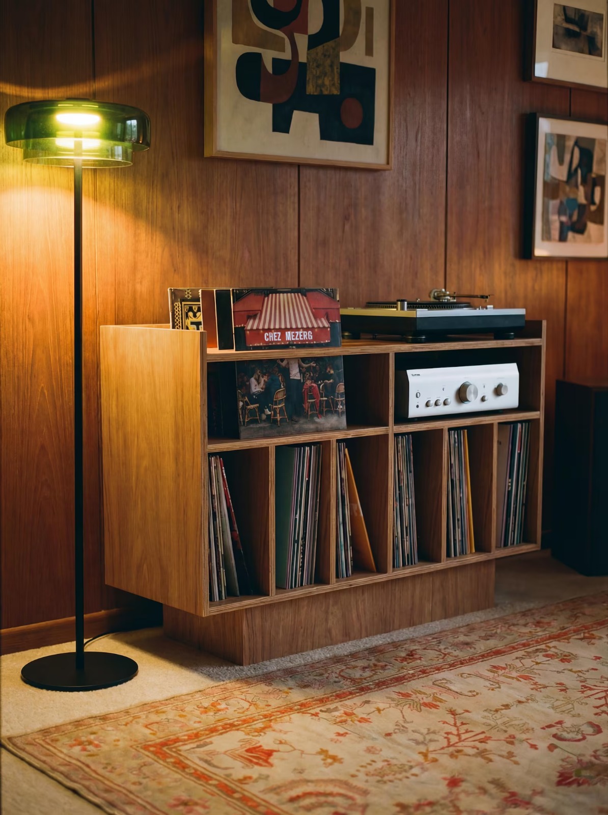 VINTRA – Walnut Vinyl TV Stand with Built-In Record Storage